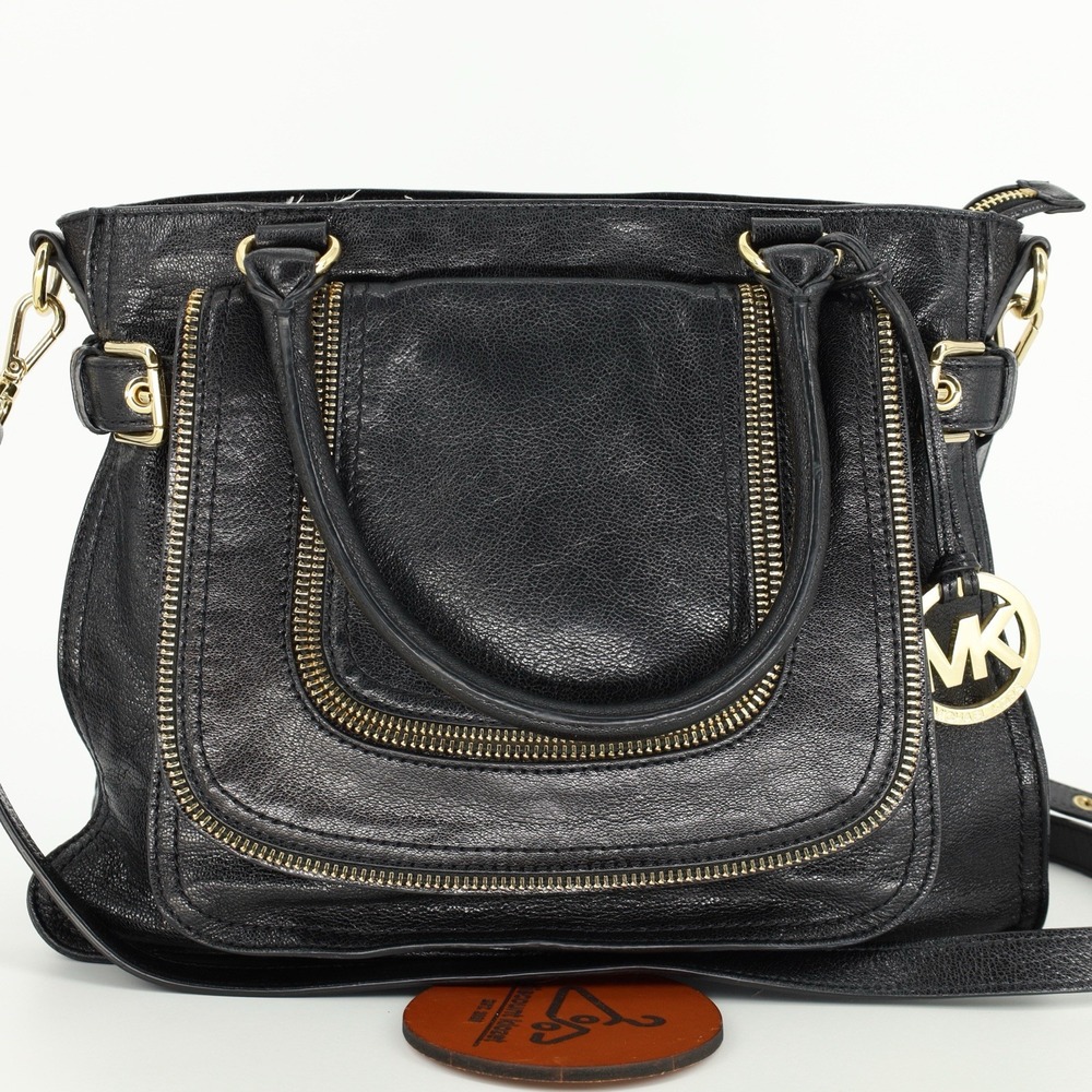MICHAEL KORS Naomi‎ Large Satchel Black Luxury Leather Zippers Handbag Purse Bag